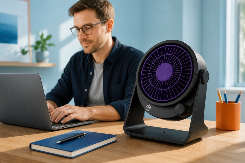 A man working at a laptop with a black Bireafon AirNova desktop fan running on the desk beside him.