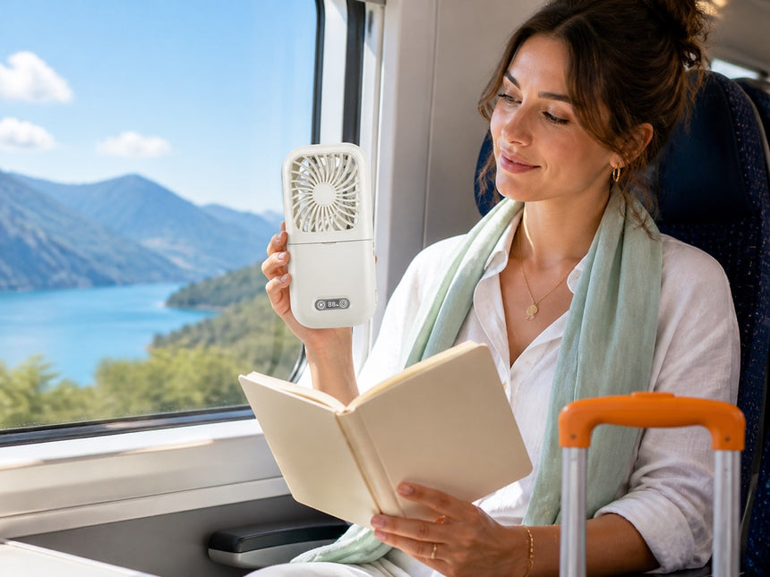 A woman reading on a train, holding a white Bireafon AirGlow fan, a lake and mountains through the window.