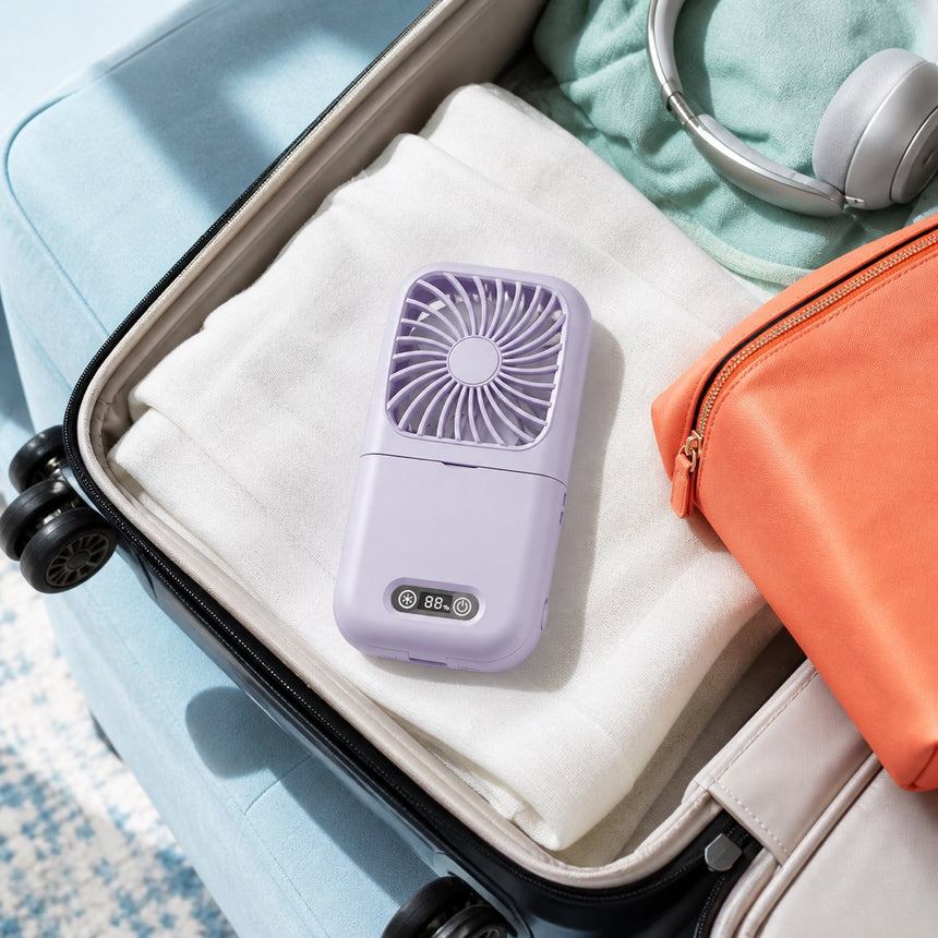 A lavender Bireafon AirGlow fan packed flat on folded clothes inside an open suitcase, beside headphones and a pouch.